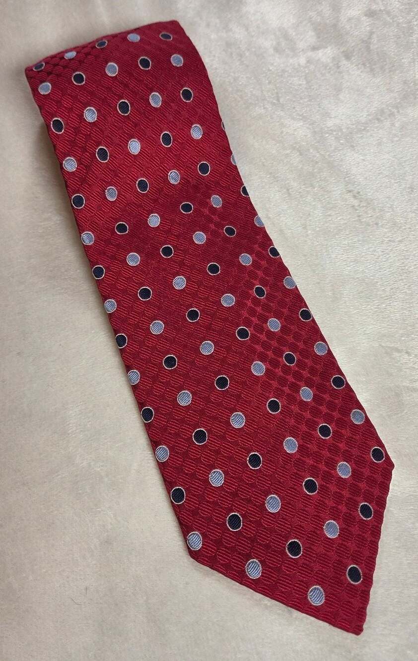 Paul Fredrick 100% Silk Tie Red Blue Polka Dot Hand Made Classic Necktie